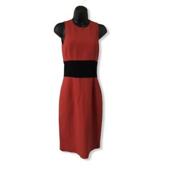 Michael Kors Red Virgin Wool Pencil Dress Black Waist Band Detail Back Slit - Picture 2 of 8